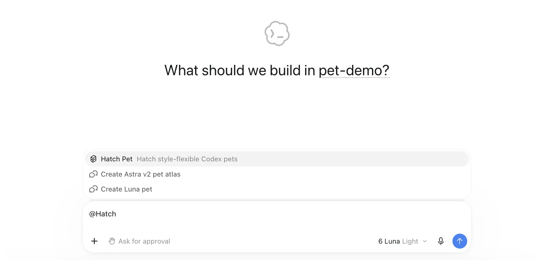 The Codex app input with @Hatch typed in and the Hatch Pet skill suggested at the top of the list