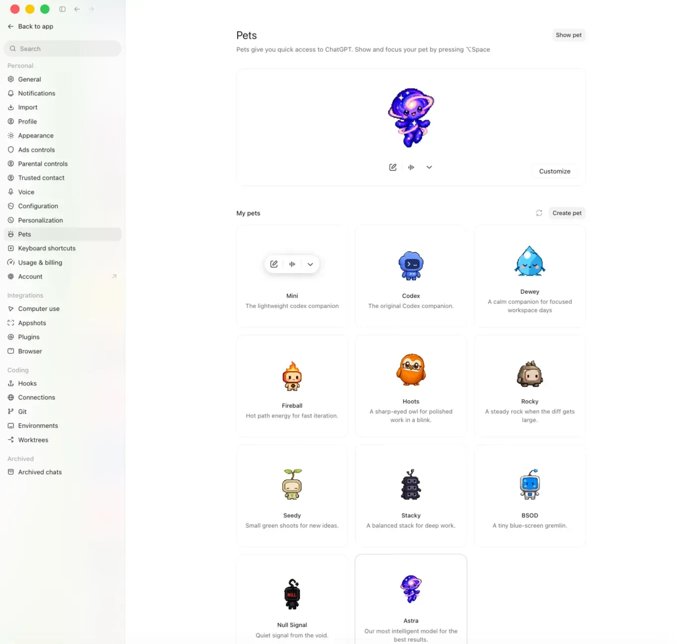 Codex settings, Pets page: Astra shown large at the top with a Customize button, and the My pets grid with the Mini bar, Codex, Dewey, Fireball, Hoots, Rocky, Seedy, Stacky, BSOD, Null Signal and Astra
