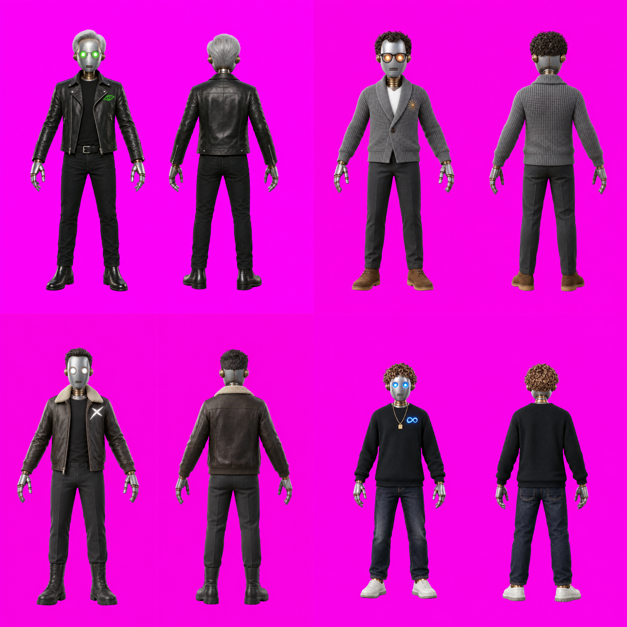 Four robot turnaround sheets on magenta: green-eyed biker jacket, grey cardigan, shearling flight jacket and a curly-haired black sweater