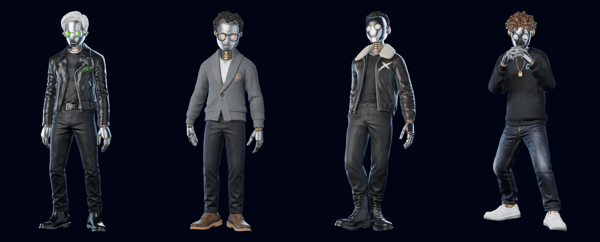 Four rigged 3D robot characters rendered in Blender on a dark background: biker jacket, grey cardigan, flight jacket, black sweater and jeans