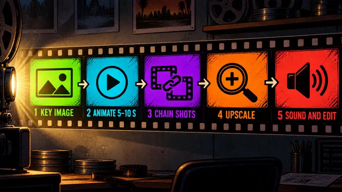 How to make an AI video for free: key image, animate 5–10 s shots, chain them, upscale, add sound and edit