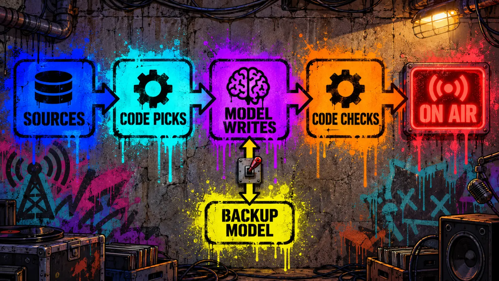 Diagram of theHype Radio pipeline: SOURCES, then CODE PICKS, then MODEL WRITES, then CODE CHECKS, then ON AIR, with a BACKUP MODEL connected to MODEL WRITES through a breaker switch