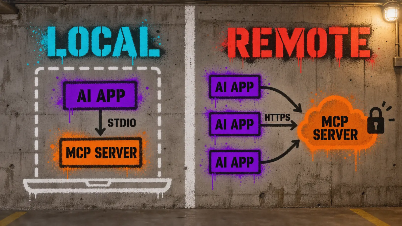 Diagram: LOCAL – an AI APP starts the MCP SERVER on the same laptop over STDIO; REMOTE – three AI APPs reach one MCP SERVER in the cloud over HTTPS, protected by a padlock