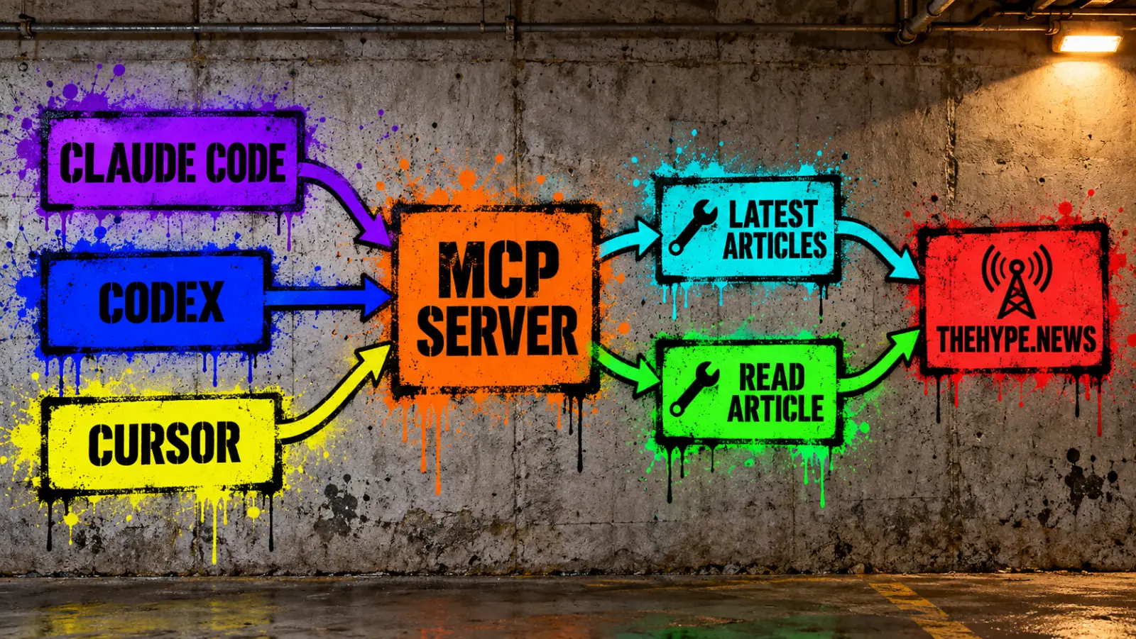 Diagram: Claude Code, Codex and Cursor all connect to one MCP SERVER, which exposes the LATEST ARTICLES and READ ARTICLE tools that read THEHYPE.NEWS