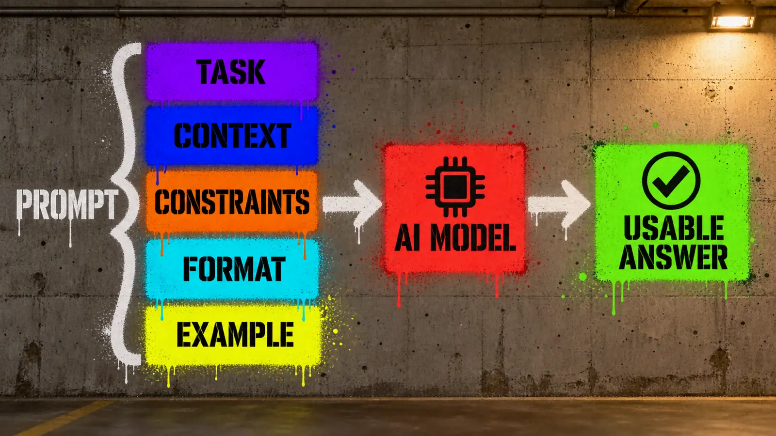 Diagram: PROMPT is a column of five blocks – TASK, CONTEXT, CONSTRAINTS, FORMAT, EXAMPLE – with an arrow into AI MODEL and then into USABLE ANSWER