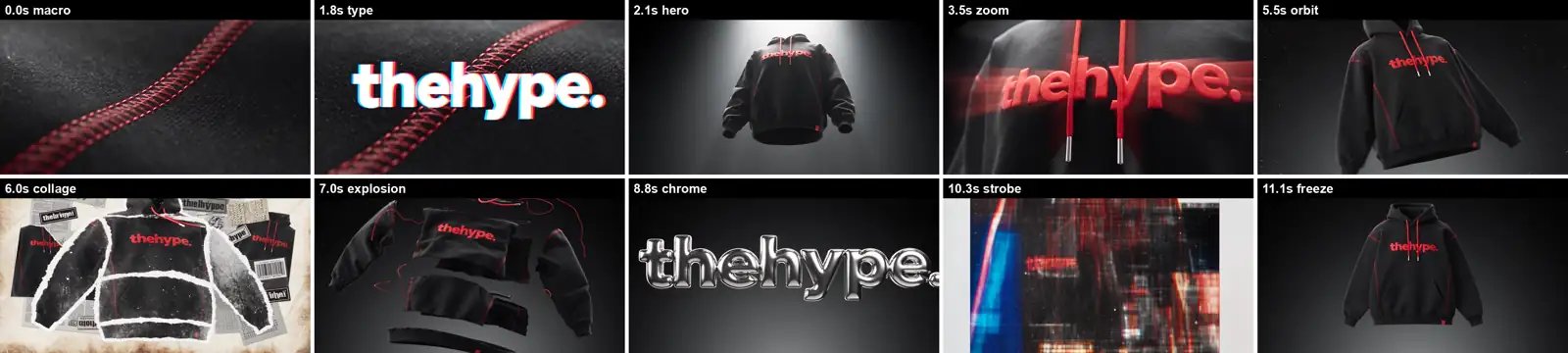 Seedance prompts result: ten frames cut from the 12-second hoodie ad, one per scene