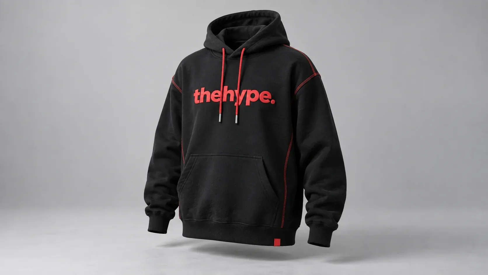 Seedance prompt reference: black hoodie with a red puff-print thehype wordmark and red drawstrings
