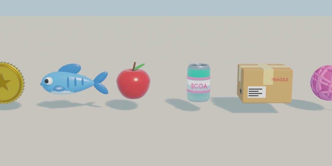 Six 3D pickup items in a row: a gold coin with a star, a blue fish, a red apple, a teal soda can, a cardboard package and a pink yarn ball
