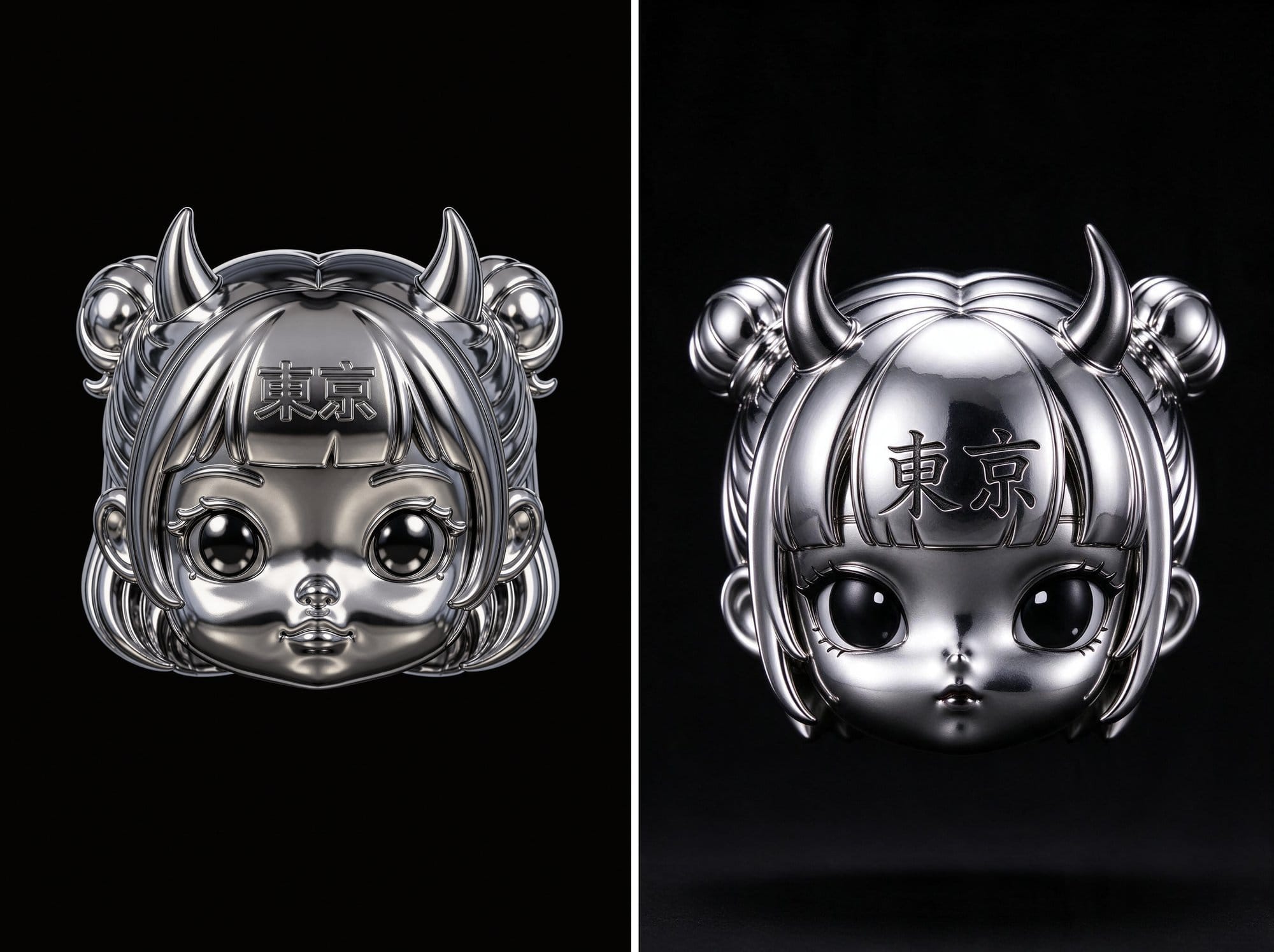 FLUX.3 (left) and Seedream 5.0 Flash (right): polished chrome art-toy girl head with horns and 東京 on the forehead