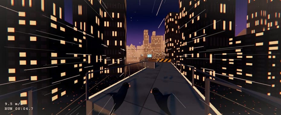 Claude Haiku 5.5 parkour run: a night street between towers with lit yellow windows, a violet sunset and white speed lines
