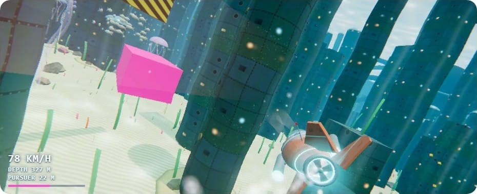 Claude Haiku 5.5 underwater chase: an orange submarine over pale sand between dark towers, with a pink cargo cube and kelp