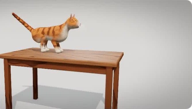 Claude Opus 5.5 cat: an orange tabby with white paws standing on a wooden table, tail raised
