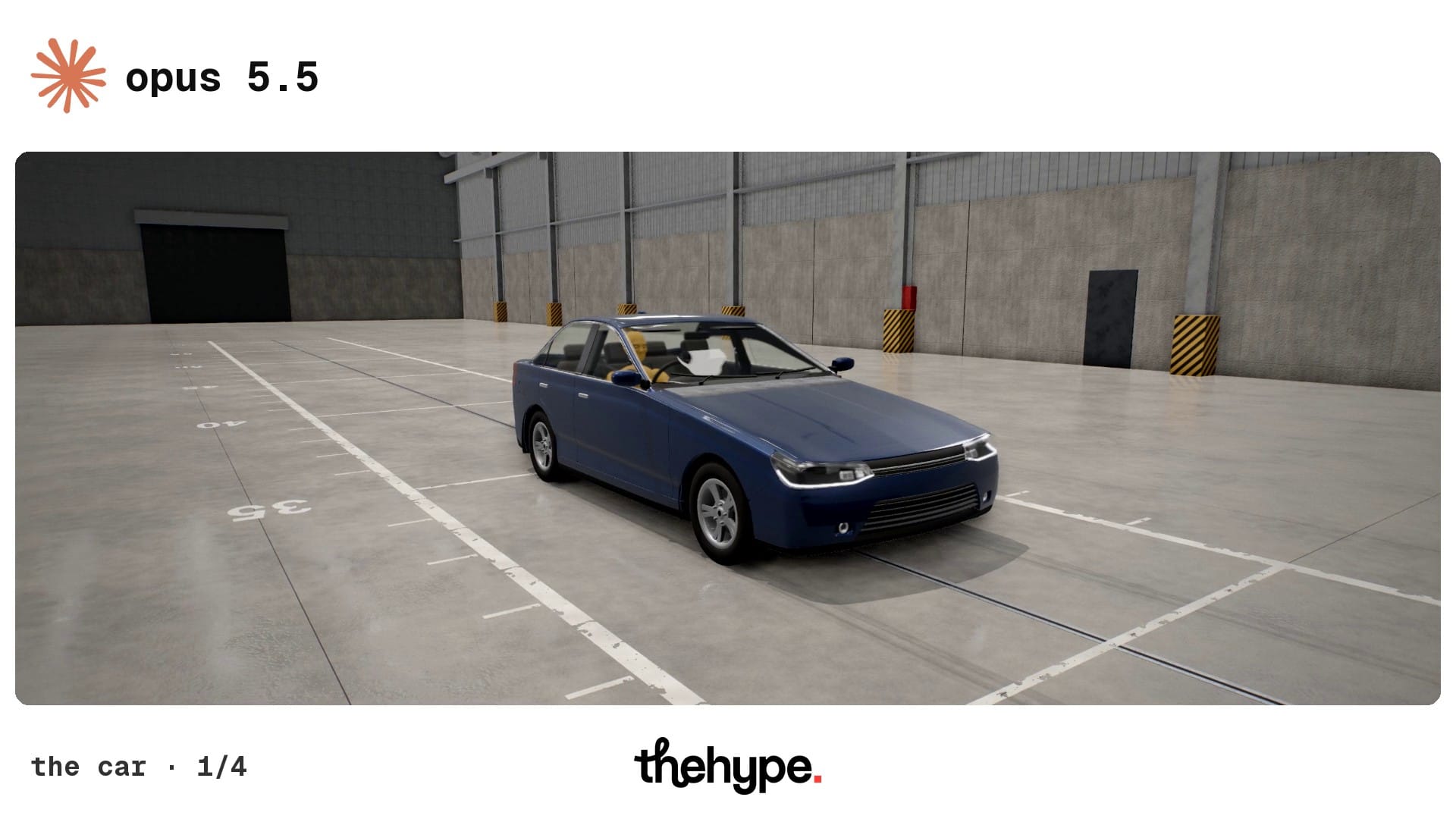 Blue sedan parked in an empty crash-test hall with yellow-and-black barrier markings