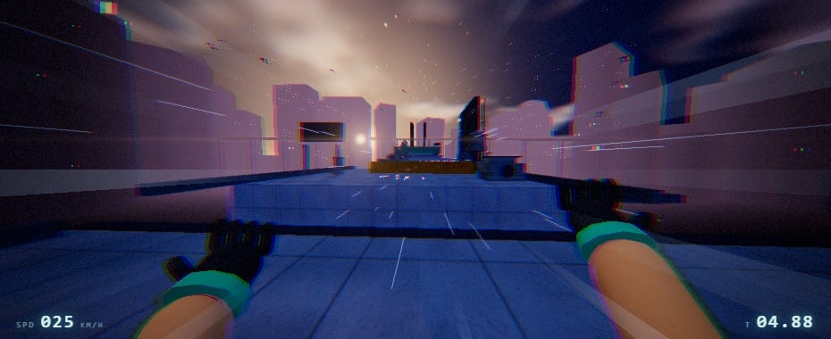 DeepSeek V4.1 Flash parkour run before the fix: pale empty building shells, gloved hands and a tiled rooftop