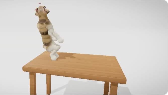 DeepSeek V4.1 Flash cat: a calico cat standing upright on its hind legs on a wooden table