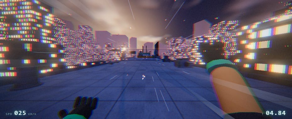 DeepSeek V4.1 Flash parkour run after the fix: a rooftop route between towers with thousands of glowing windows at sunset