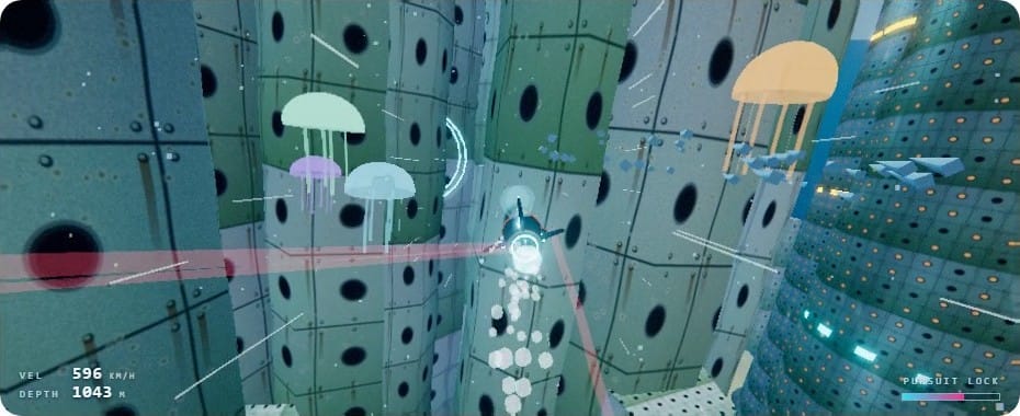 DeepSeek V4.1 Flash underwater chase: a small submarine between riveted green towers with portholes, jellyfish and a bubble trail