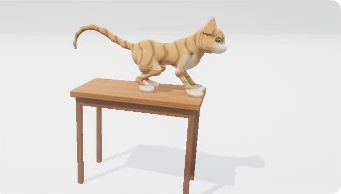 GPT-6 Astra cat: a striped cat with green eyes stepping across a small wooden table