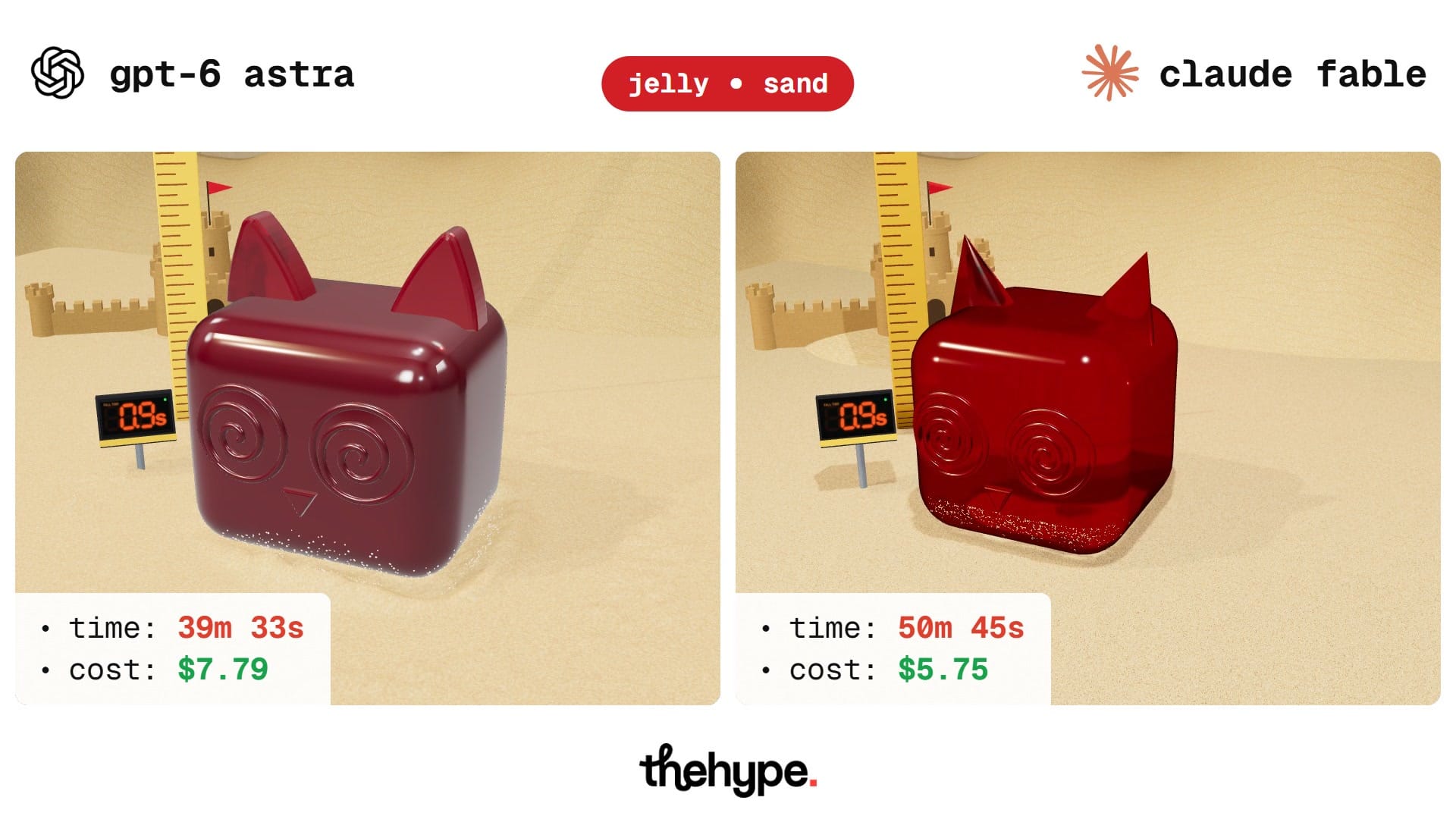 GPT-6 Astra (left) and Claude Fable (right): a dark-red jelly cube cat landing on sand