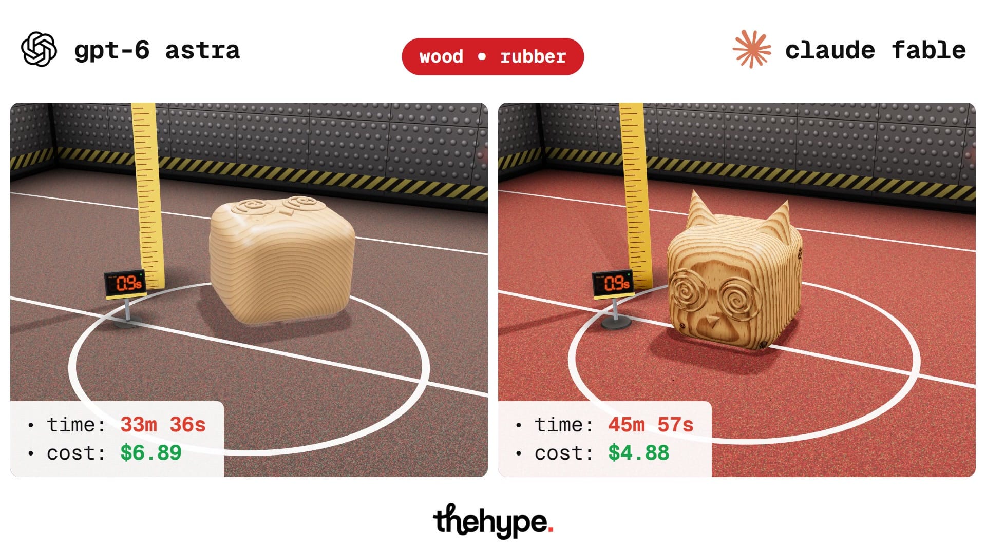 GPT-6 Astra (left) and Claude Fable (right): a wooden cube cat on a red rubber sports court