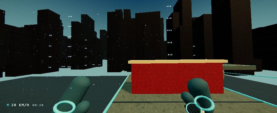 GPT-6 Luna parkour run: dark box buildings, a red block on a sandy rooftop and plain capsule hands