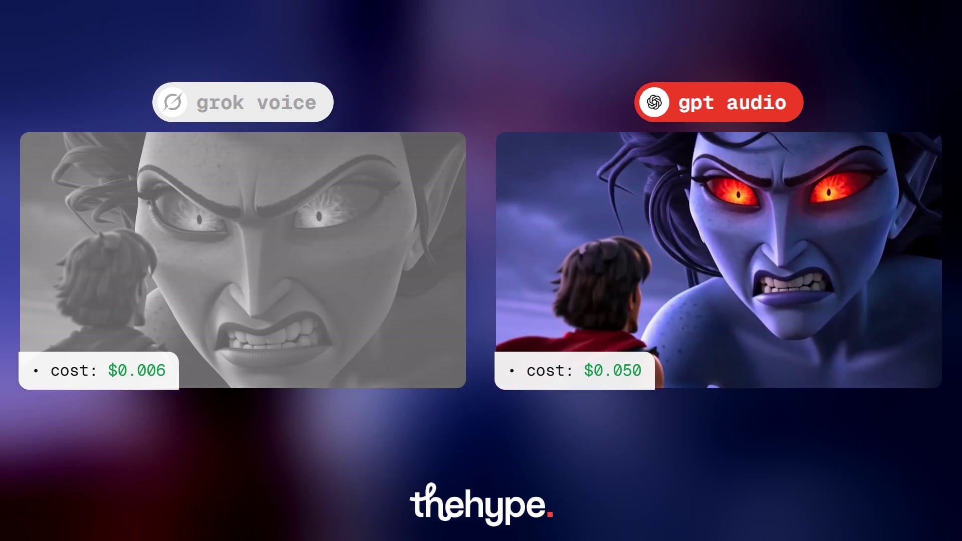 GPT Audio take: the storm goddess leans over a sailor on a cliff, red eyes glowing, with the Grok Voice take greyed out beside it