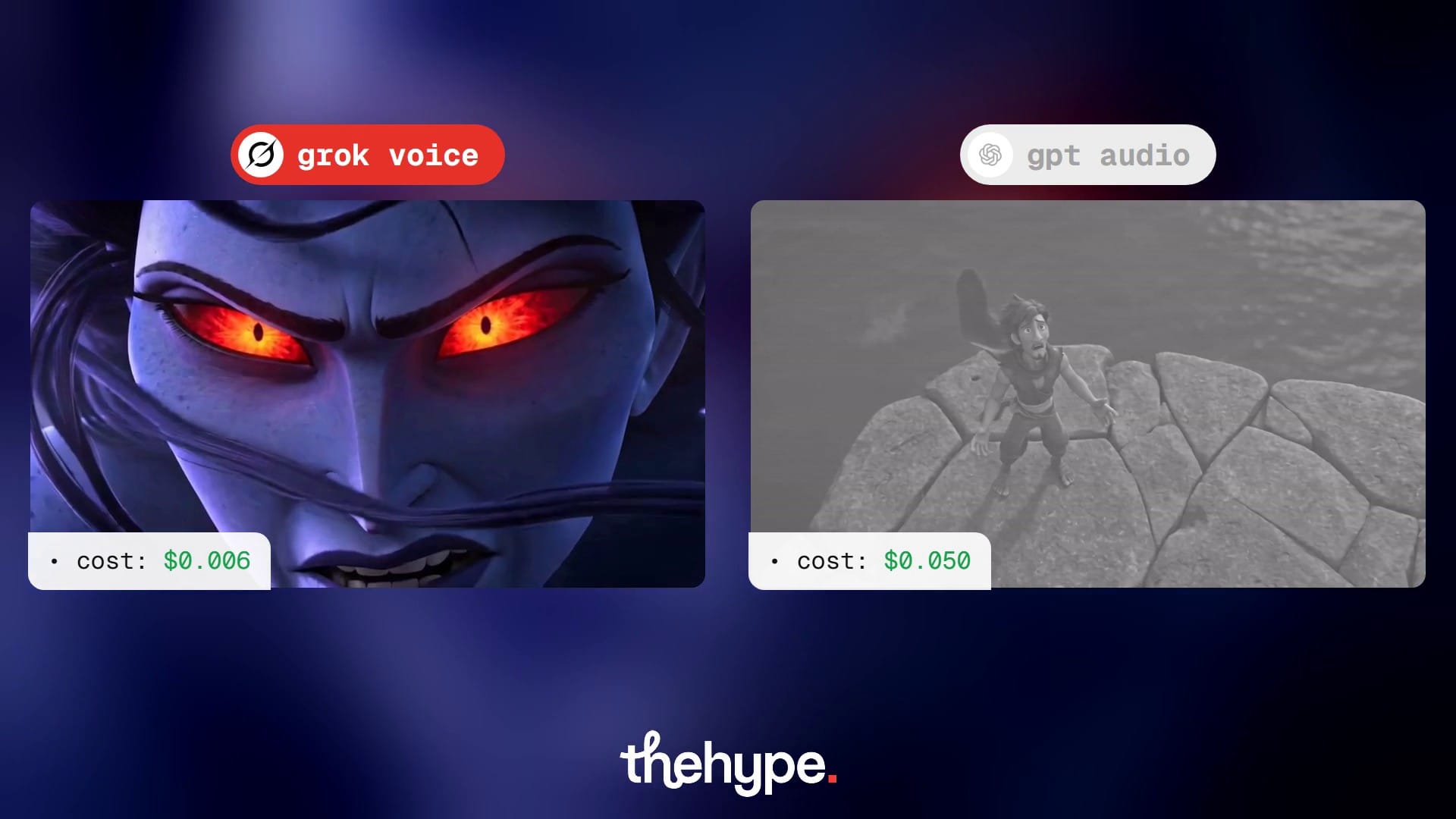 Grok Voice take: a giant blue storm goddess with glowing red eyes glares from a stormy sky, with the GPT Audio take greyed out beside it