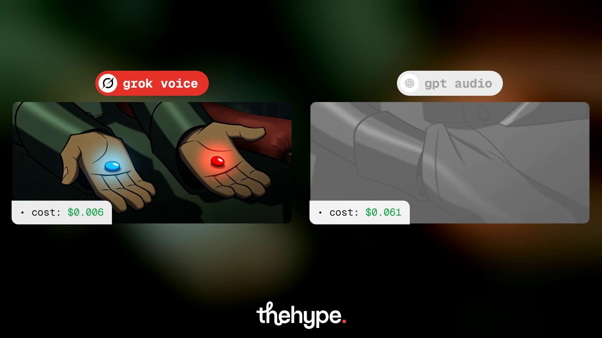 Grok Voice take: a mentor in round black glasses holds out a blue and a red pill, with the GPT Audio take greyed out beside it