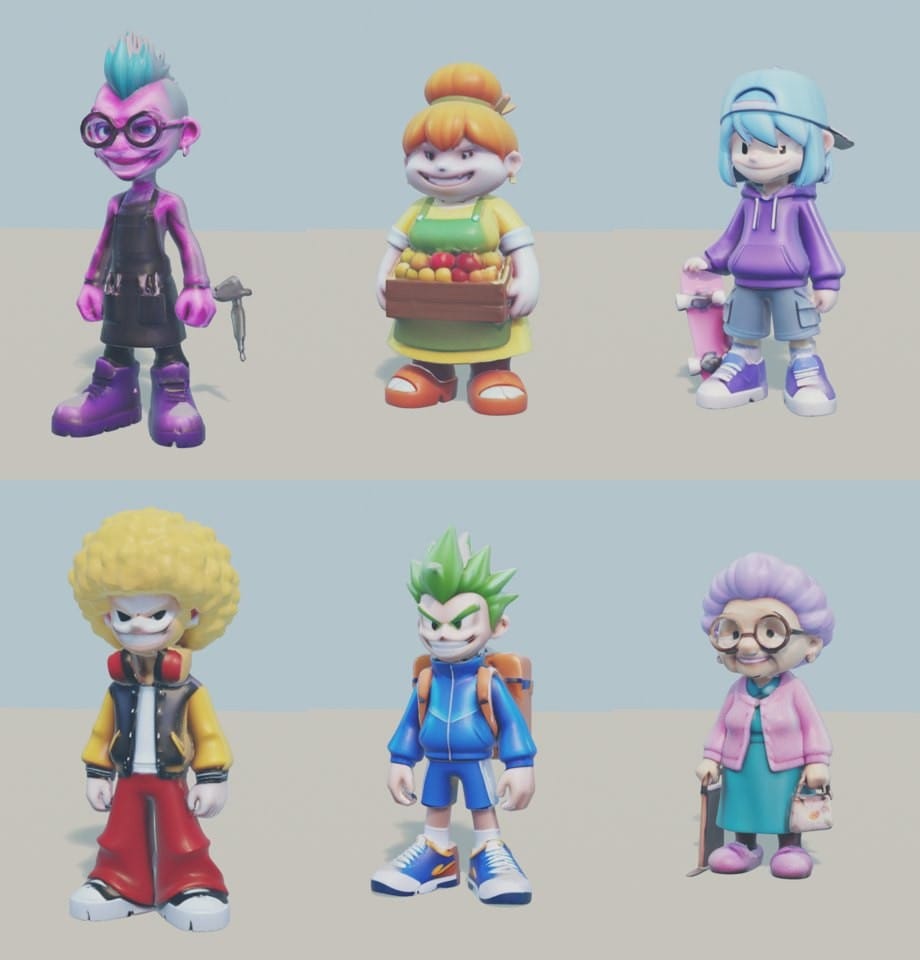 Six toy-style 3D characters rendered side by side with AI-painted textures: punk, grocer, skater, afro-haired character, courier and granny