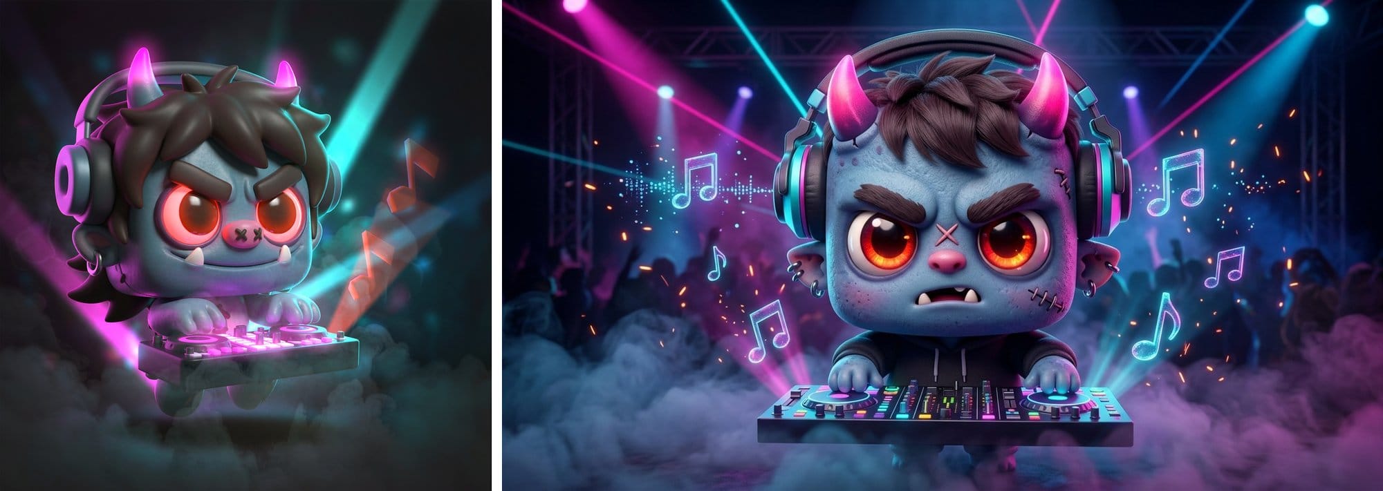 Hy Image 3.5 (left) and Nano Banana 2.1 (right): a blue-grey horned monster with headphones at a DJ deck under pink and cyan club lights