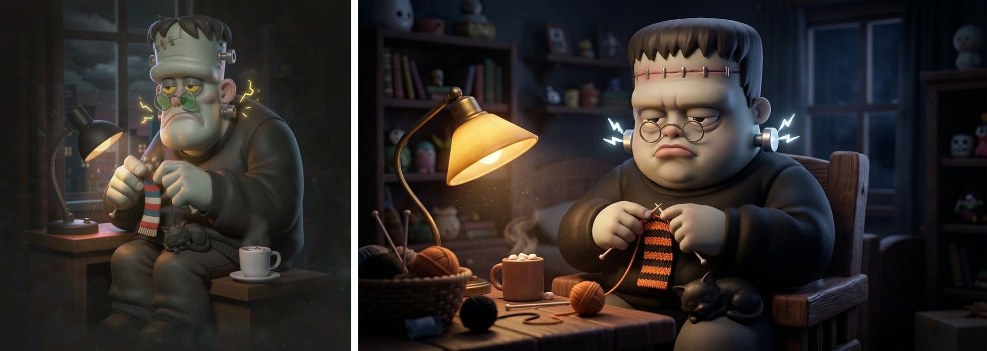 Hy Image 3.5 (left) and Nano Banana 2.1 (right): a chubby Frankenstein monster in glasses knitting a striped scarf at a desk lit by a lamp