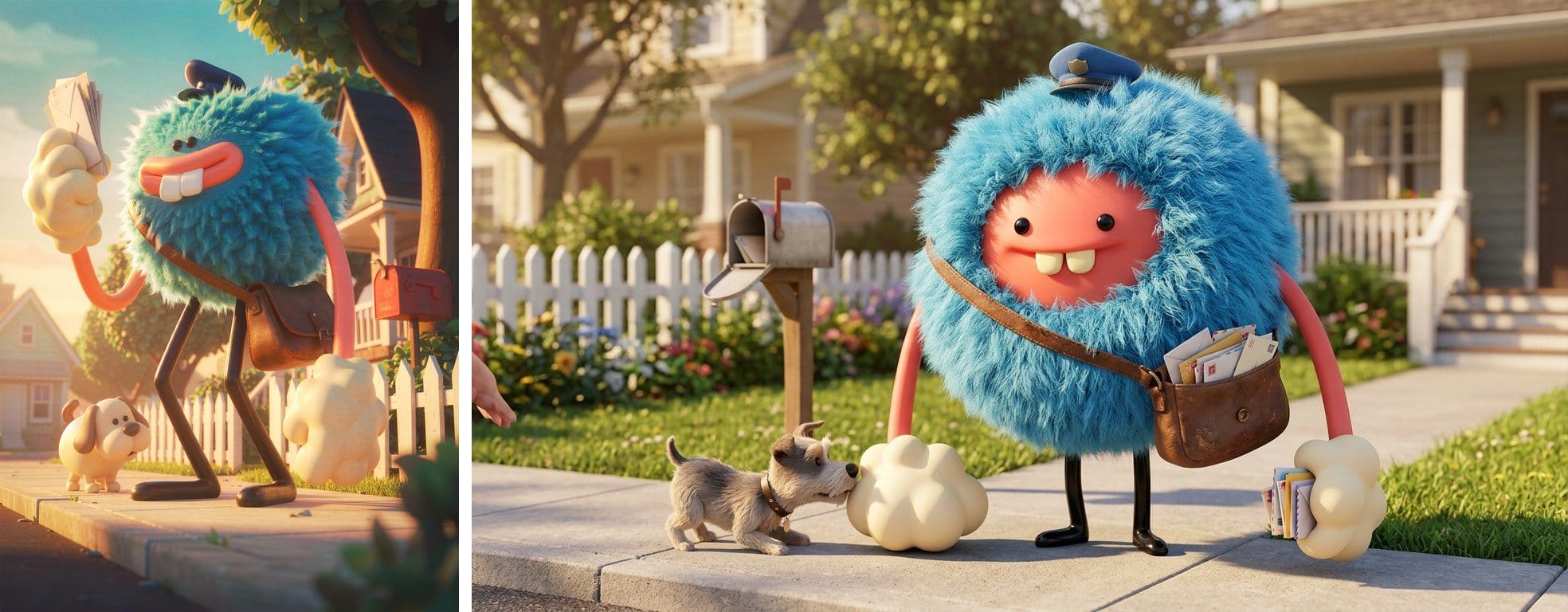 Hy Image 3.5 (left) and Nano Banana 2.1 (right): a fluffy blue monster with a postman cap and mail bag on a sunny sidewalk, a small dog at its feet