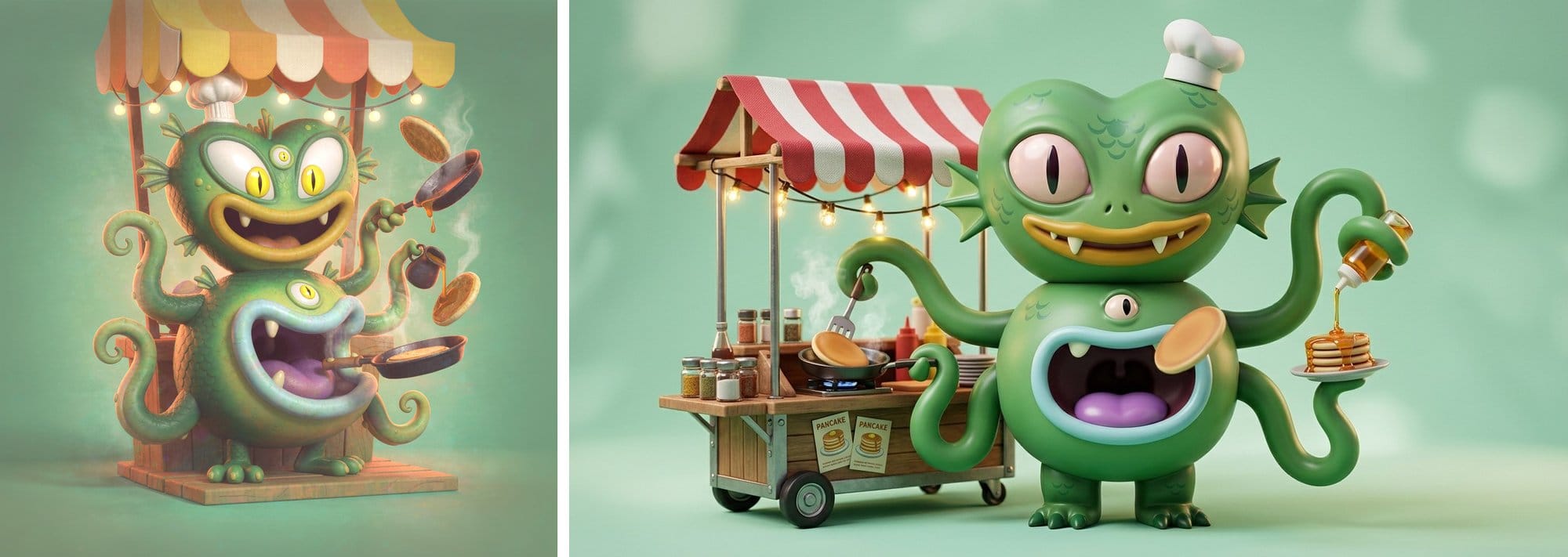Hy Image 3.5 (left) and Nano Banana 2.1 (right): a green two-part swamp creature in a chef hat flipping pancakes at a striped street-food stall