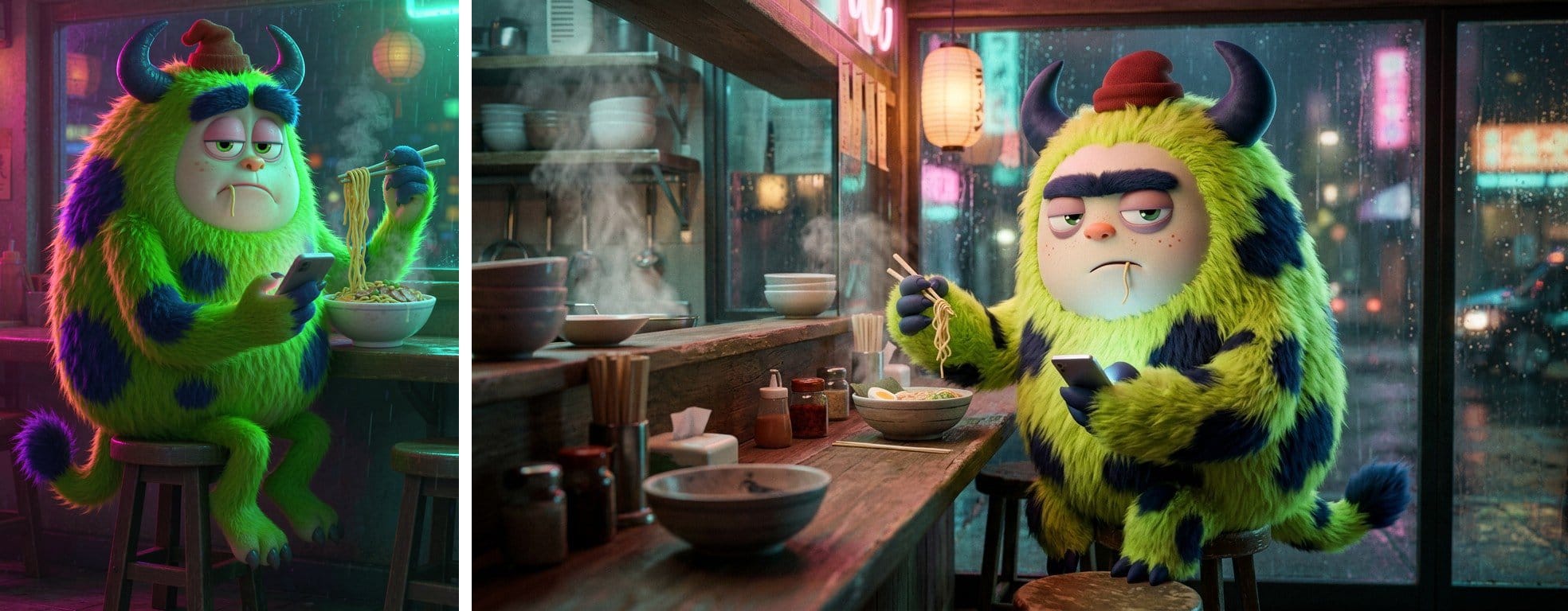 Hy Image 3.5 (left) and Nano Banana 2.1 (right): a lime-green spotted horned monster eating ramen and scrolling a phone at a neon-lit bar counter