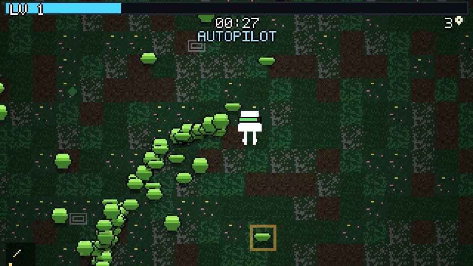 Hy4 Preview's pixel game: a white hero faces a long line of green slimes on a tiled field, level 1 at 0:27