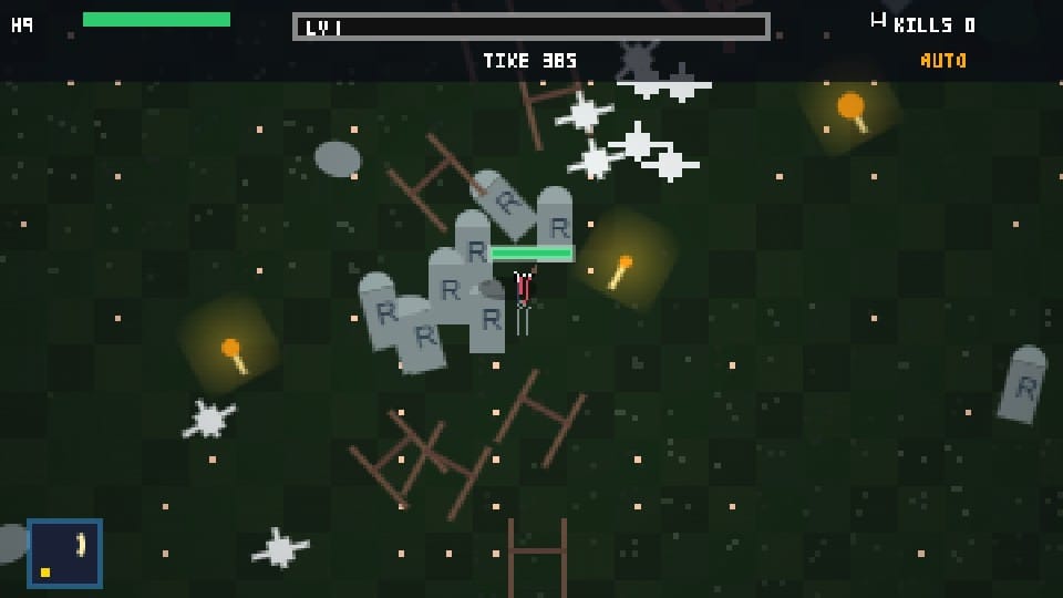 Inkling's pixel game: a graveyard with tombstones, torches and skeletons, kill counter at 0