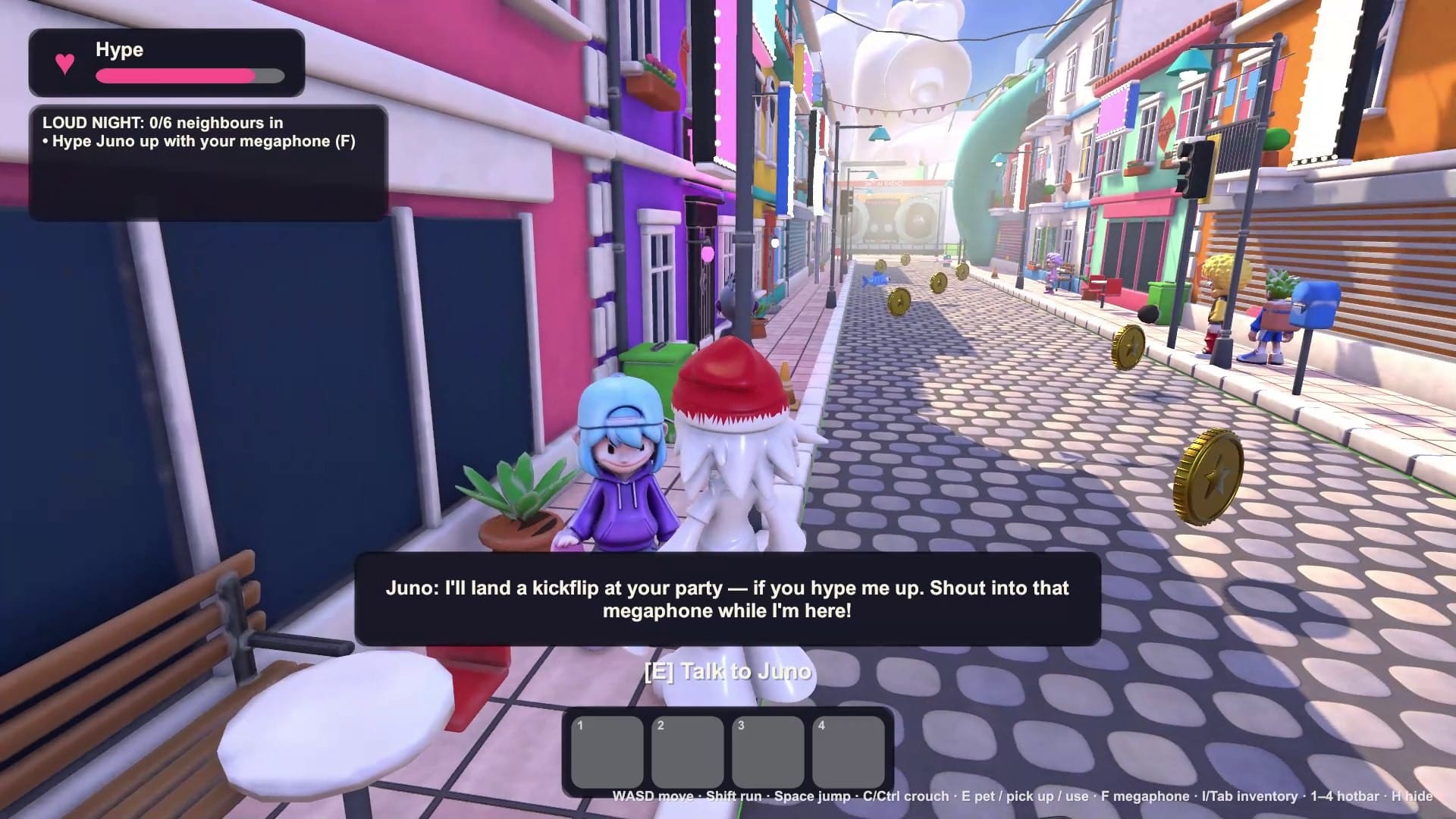 Game screenshot: a girl in a cap and purple hoodie next to Kero on the sidewalk, with her dialogue asking him to shout into the megaphone