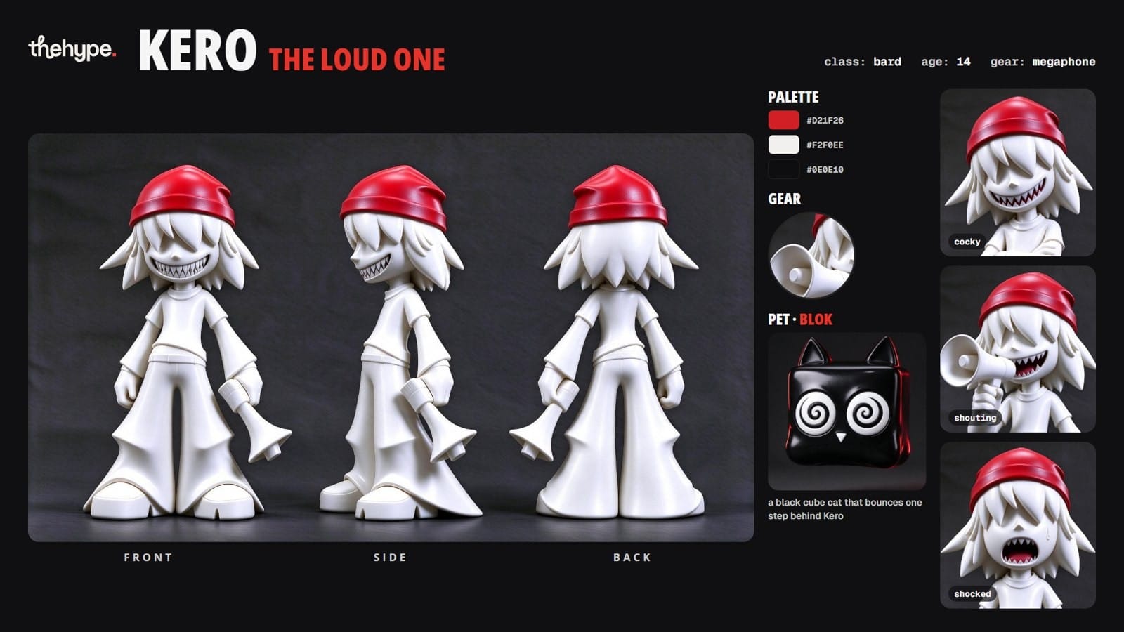 Character sheet of Kero, a white vinyl-toy figure with a red beanie, in front, side and back views with palette and gear
