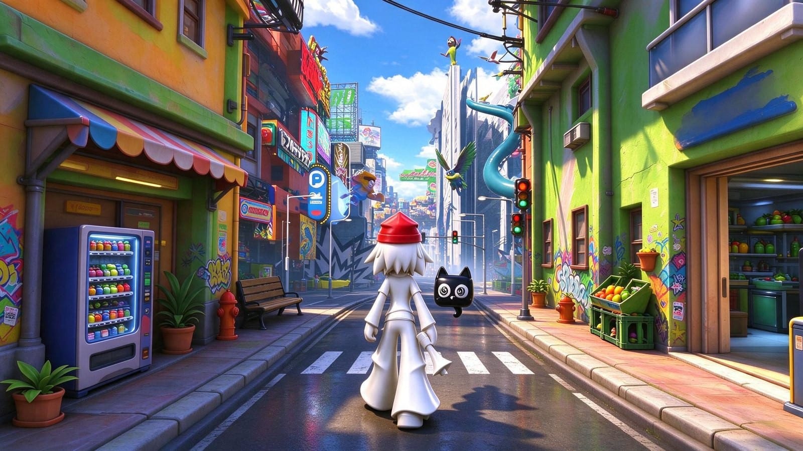Concept art of a white toy hero in a red beanie and a black cube cat on a colorful street with a giant white statue at the end