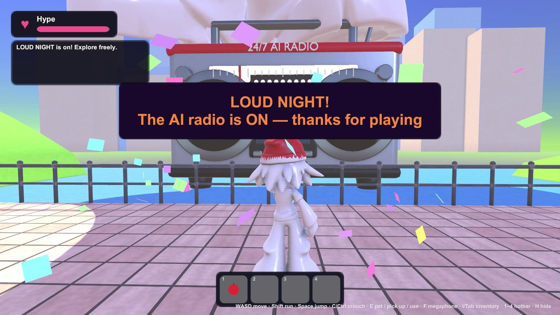 Game screenshot: a giant boombox labeled 24/7 AI radio behind Kero, with confetti and a banner saying LOUD NIGHT, the AI radio is on