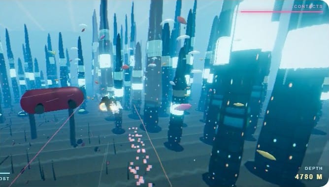 MiniMax M3.1 Flash underwater chase: a pink submarine between tall dark towers with glowing panels, fish and seaweed in blue water