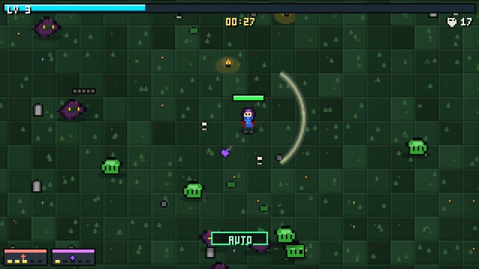 Muse Spark Open's pixel game: a hooded hero swings a whip arc at bats and slimes on dark grass, level 3, 17 kills at 0:27