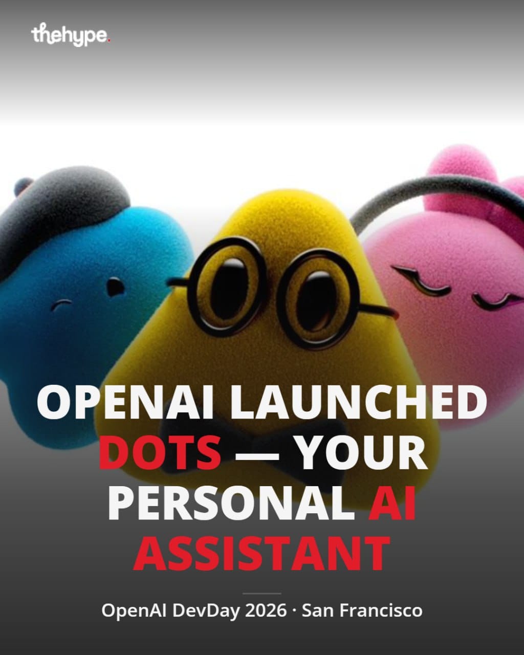 thehype card for OpenAI DevDay 2026: three plush Dots characters above the headline OpenAI launched Dots