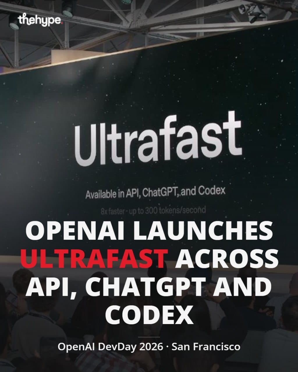 OpenAI DevDay 2026 stage slide reading Ultrafast, available in API, ChatGPT and Codex, 8x faster, up to 300 tokens per second