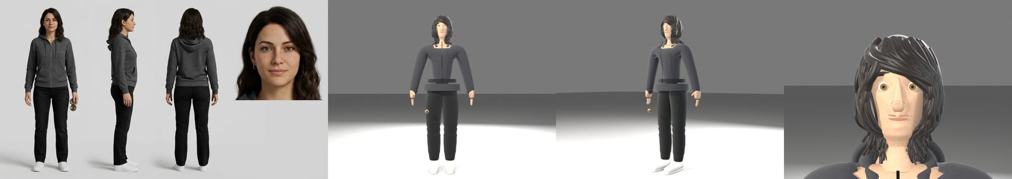 DeepSeek V4.1 Flash: the AI-generated reference of a woman in a charcoal hoodie and black jeans next to the Blender model it built of itself
