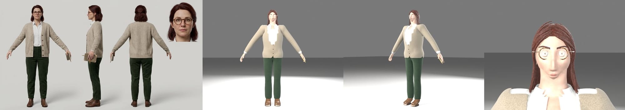 Claude Opus 5.5: the AI-generated reference of a woman in a beige cardigan and green trousers next to the Blender model the model built of itself