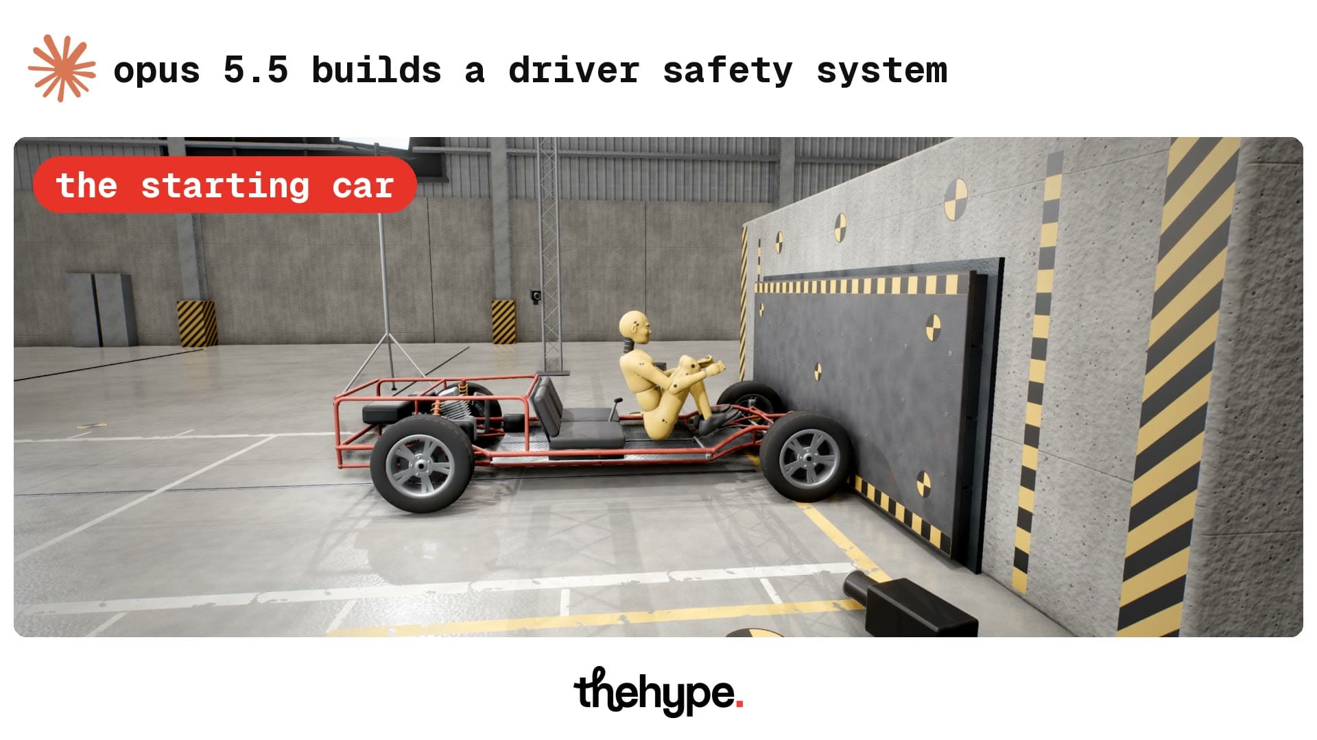 Open tube-frame buggy with a yellow crash-test dummy on a bench, driving toward a concrete wall in a crash-test hall