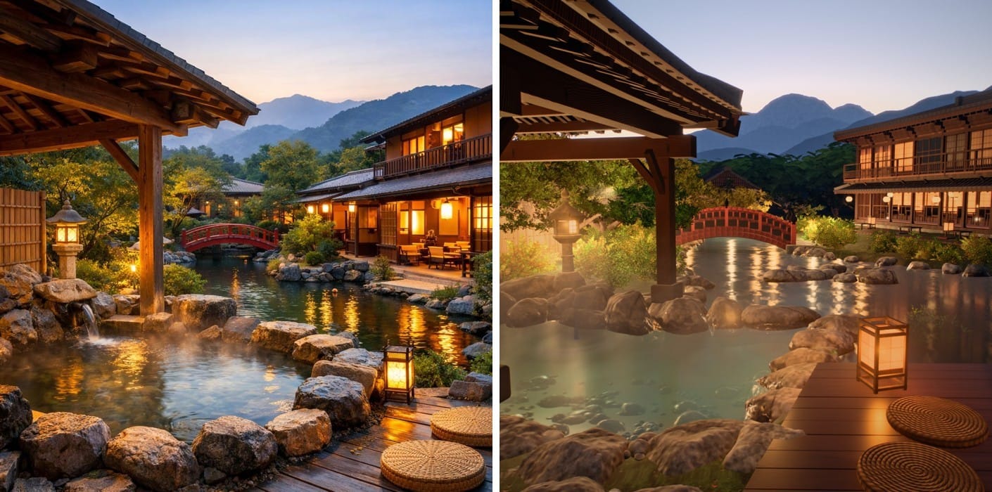 Reference of an onsen garden with a pavilion and a red bridge next to the three.js render at blue hour