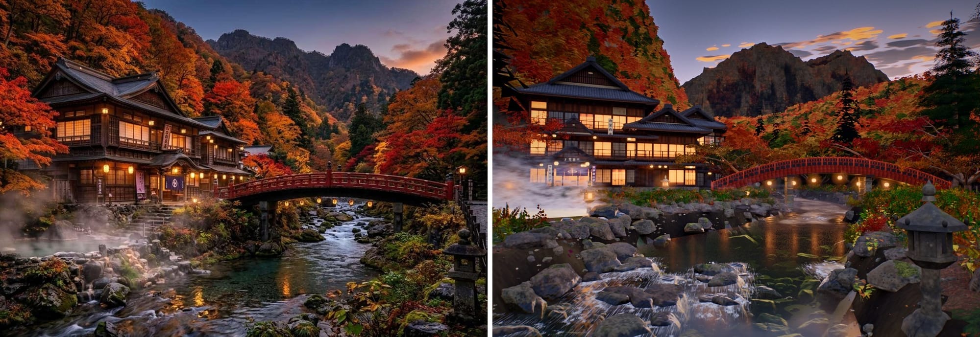 AI-generated reference of a ryokan by a red bridge over a river at dusk next to the matching three.js render