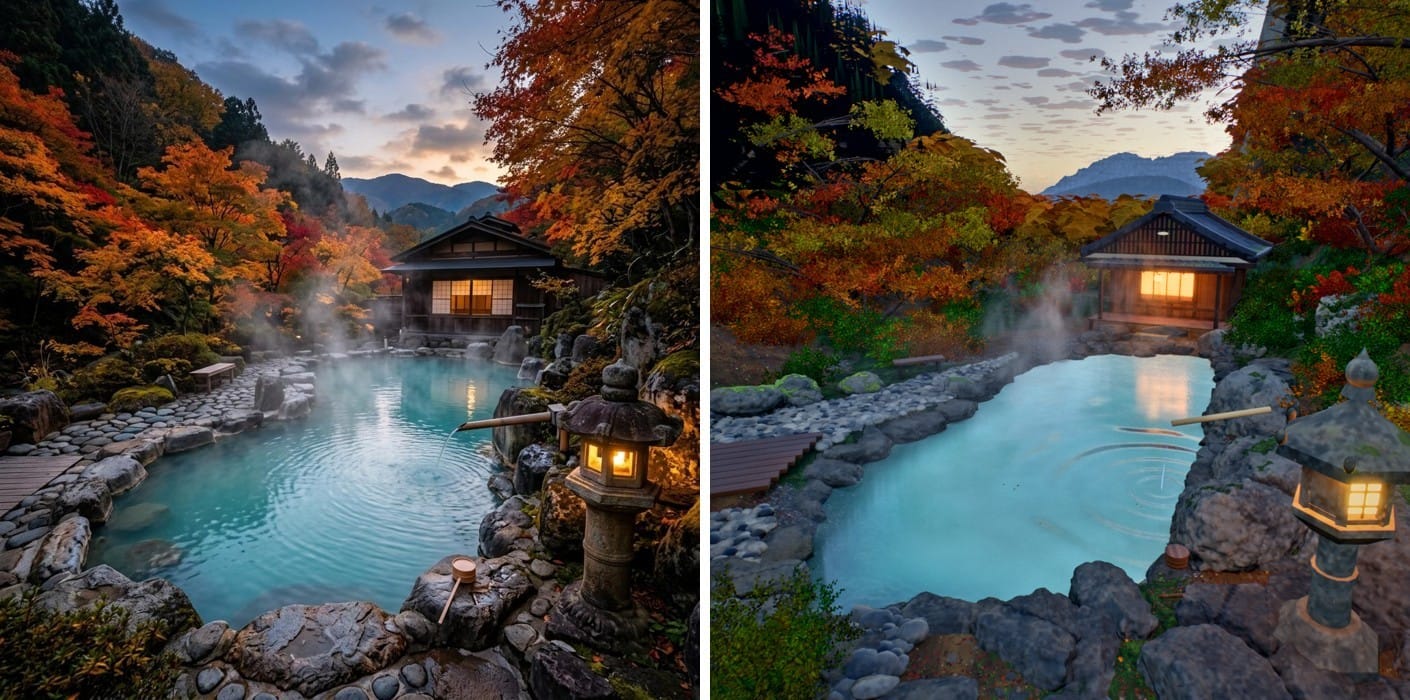 Reference of a turquoise outdoor hot spring with a stone lantern next to the three.js render of the same pool